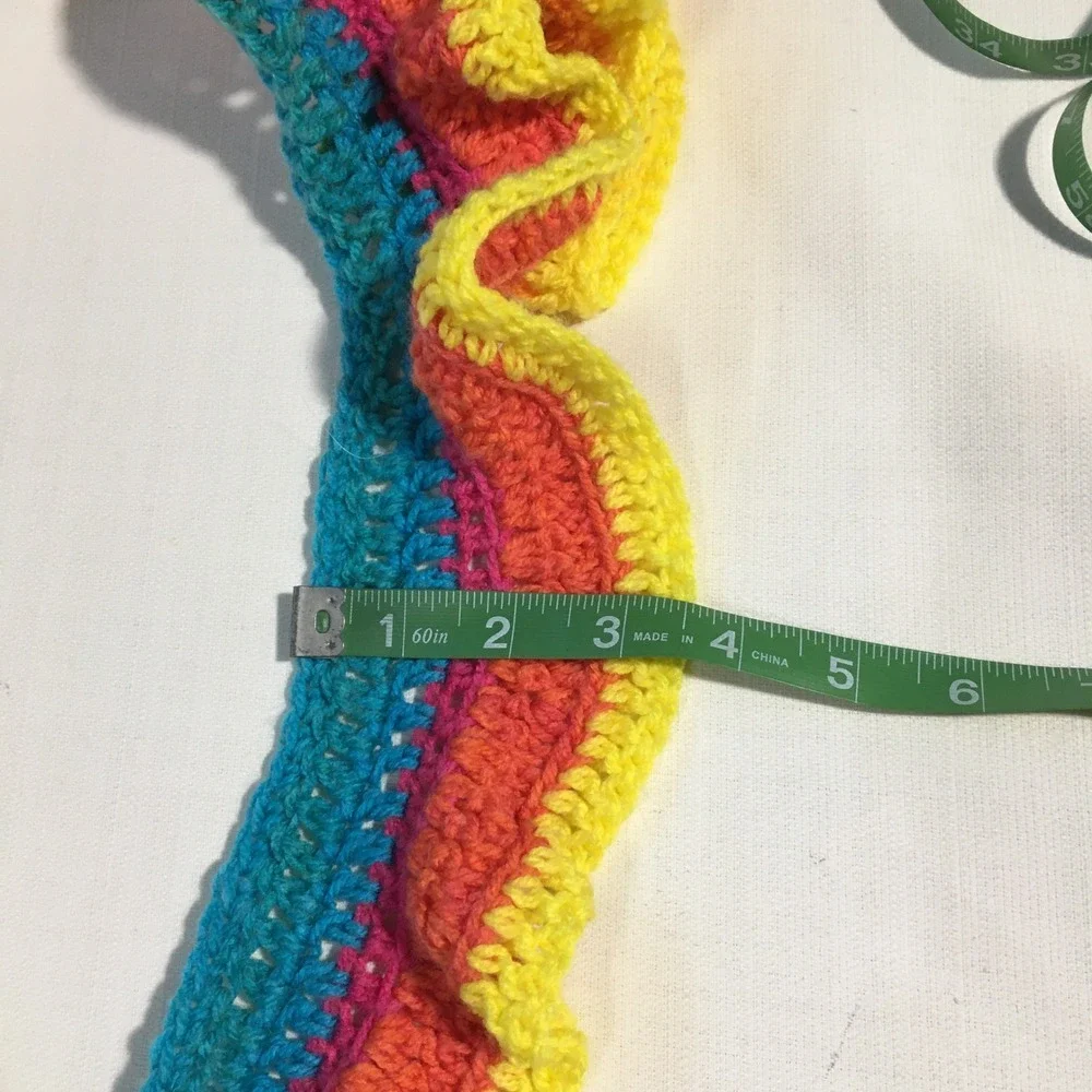 Crochet Knit Scarf Handmade Colorful Striped Yellow Blue Rainbow‎ 86
